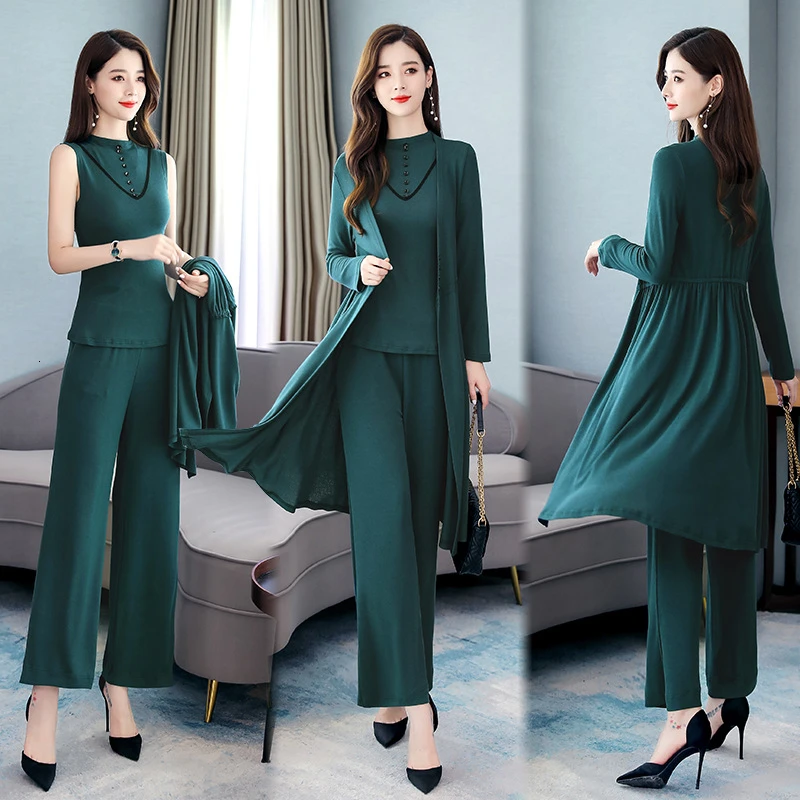 Осенне зимний теплый вязаный костюм кардиган широкие брюки комплект из 3