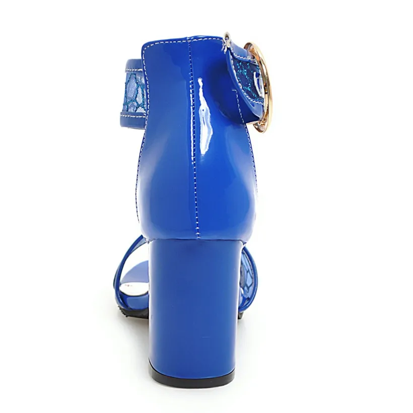 Женские босоножки на высоком квадратном каблуке Цвет синий белый Повседневные