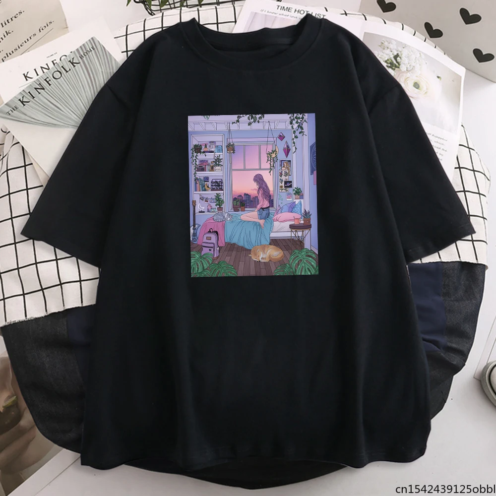 

Ease Beautiful Girl Warm House Womens T-Shirt Street Trendy Summer Hip Hop Casual Harajuku