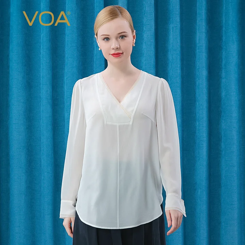 

VOA Silk Crepe De Chine White Arch Needle Edging V-neck Stitching Long Sleeve Office Lady Fashion T-shirt for Women BE503