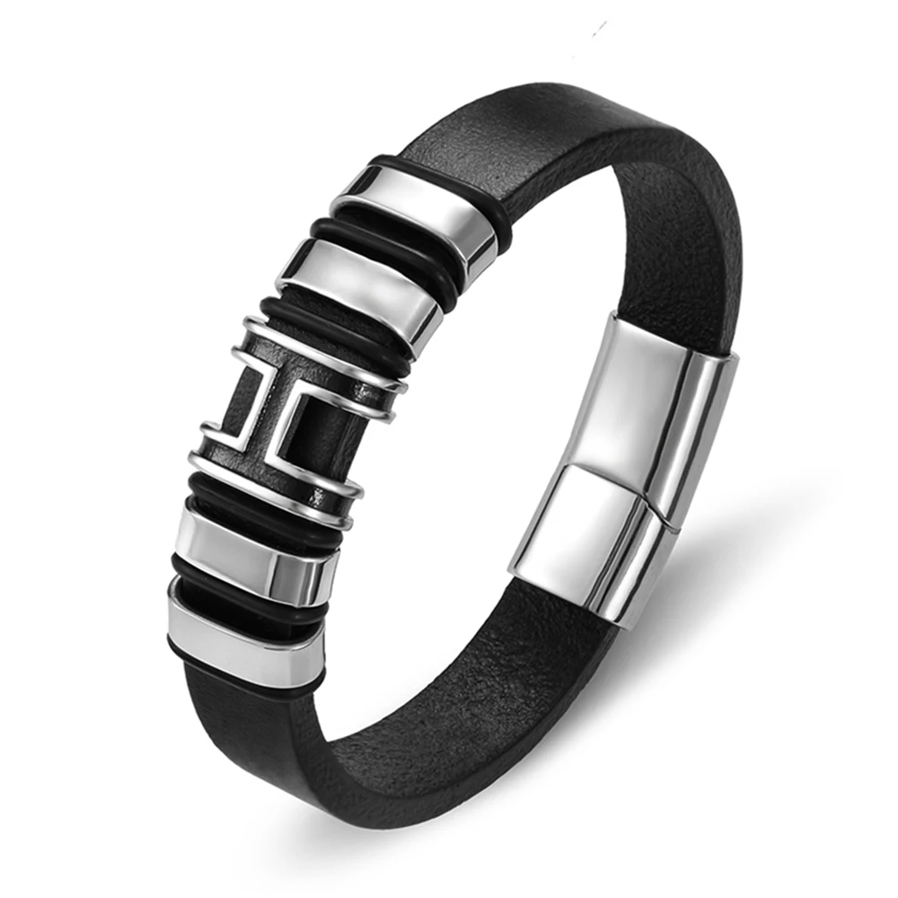 

New Men Magnetic Buckle Leather Braid Bracelet Silver Color Accessories black Charm Bracelets For Men Jewelry Fashion Brand