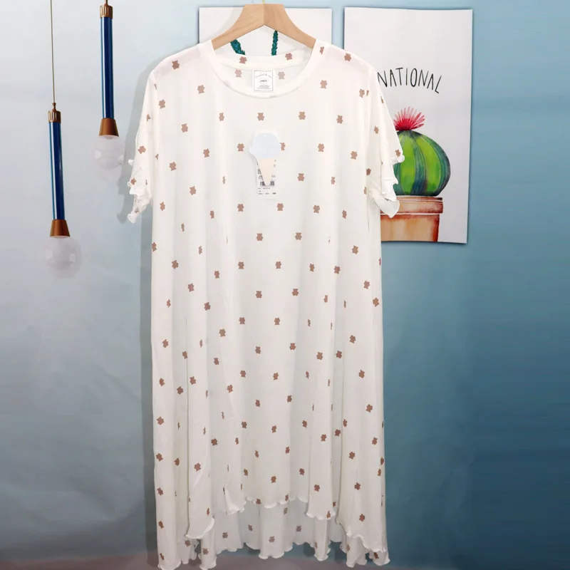 2021 New Japanese Cute Bear Modal Nightgown Home Wear Short Sleeve Summer Nightdress Women's Knee-Length Female Sleepwear