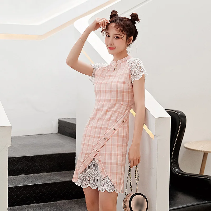 

Summer New Women's Collar Lace Stitching Multicolor Diamond Pearl Buttons Modified Cheongsam Dress