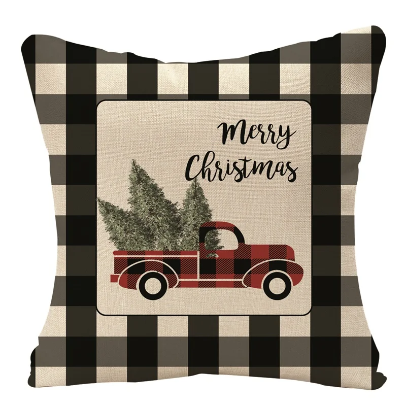 

4pcs Merry Christmas Cushion Cover Black Check Grid Pillow Cover Decorative Pillows Home Decoration Throw Pillowcase