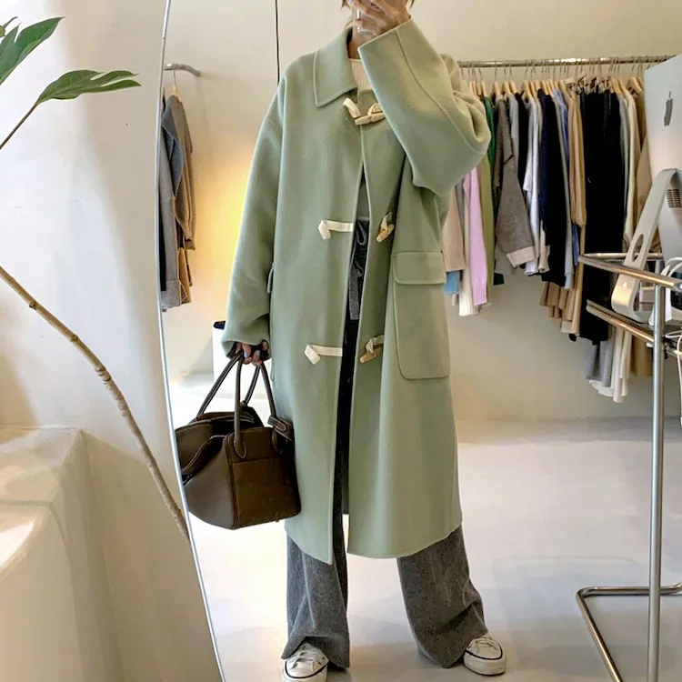 

Korea Ins Chic All-match Horn Buckle Autumn And Winter Woolen Coat Woolen Coat Women Light Solid Green Long Coat