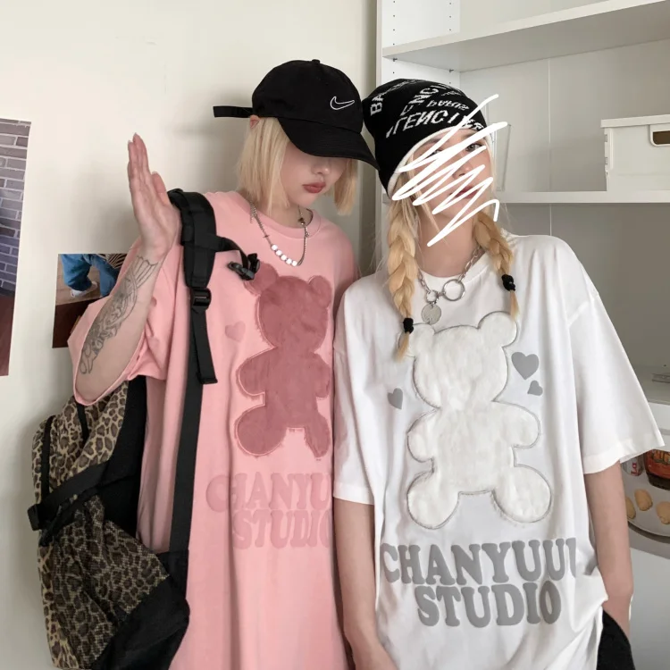 

2021 Summer New Korean Bear Patch Foam Letter Print Short-Sleeve T-shirt Girlfriends Clothes Female Ins Fashion