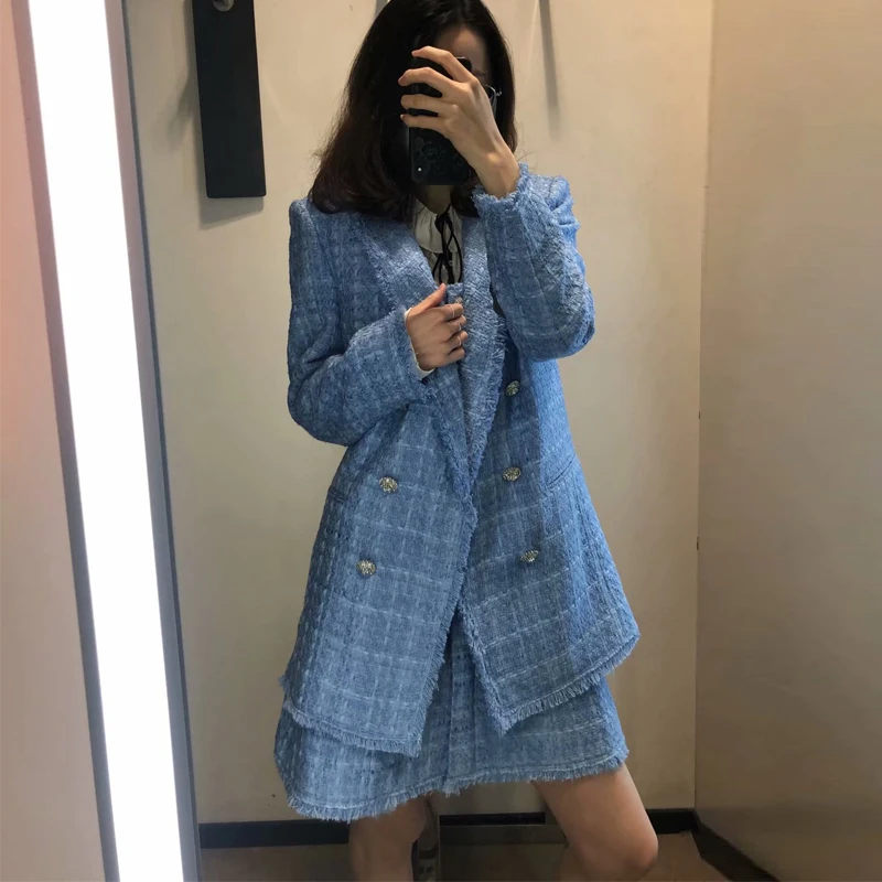 Пиджак женский твидовый в клетку винтажный пиджак шикарная на пуговицах длинный