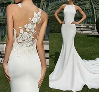 sexy illusion mermaid wedding dress 2021 jewel neck court train satin appliques bride gown vestidos de mariage