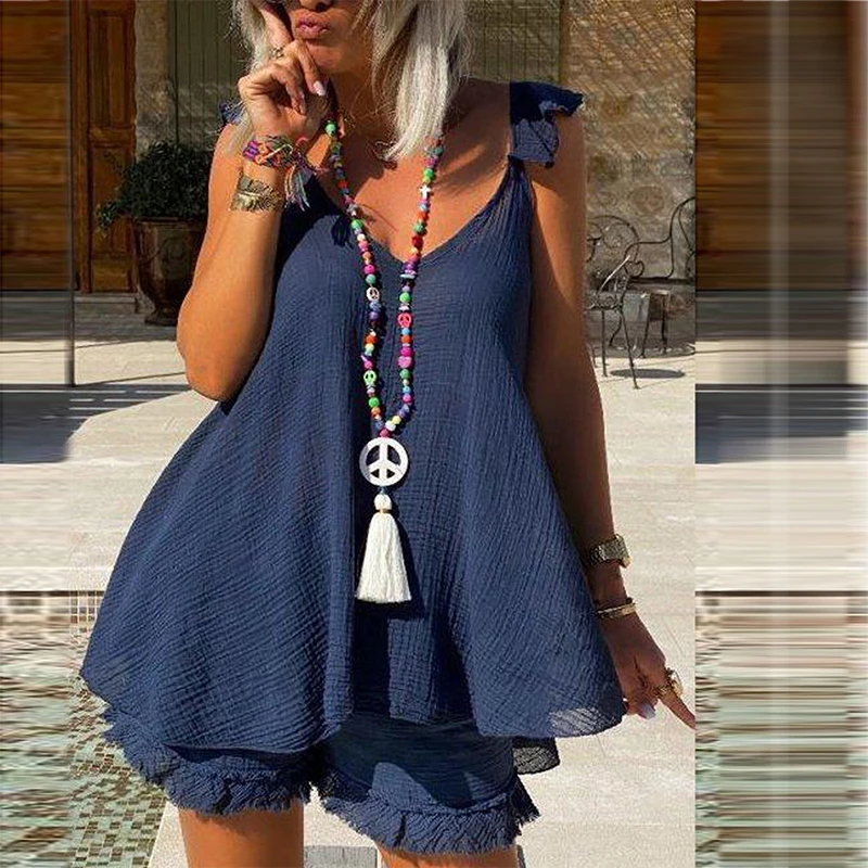 

Fashion Straps Sleeveless Casual V Neck Tops + Loose Shorts Suits Elegant Solid Cotton Linen Summer Women 2 Piece Set Streetwear