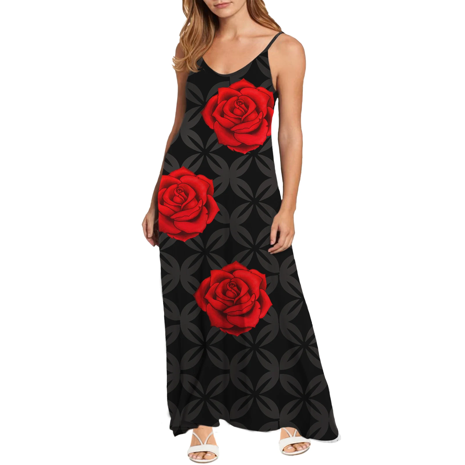

New Red Rose Flower Style Dress with Suspender, Sexy and Gentle V-neck Blossom Printing Party Long Dresses For Women Casual Wear