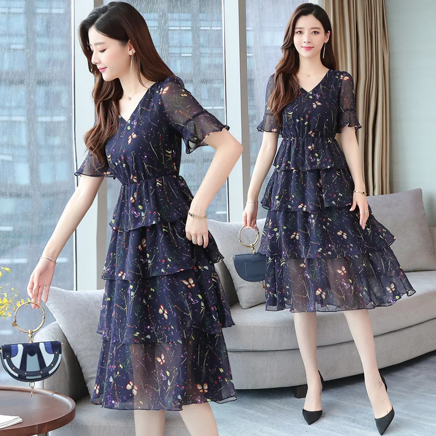 

2022 Elegant Purple Chiffon Casual Midi Cake Dress Spring Summer Print Vintage Runway Evening Dress Women Bodycon Party Vestidos
