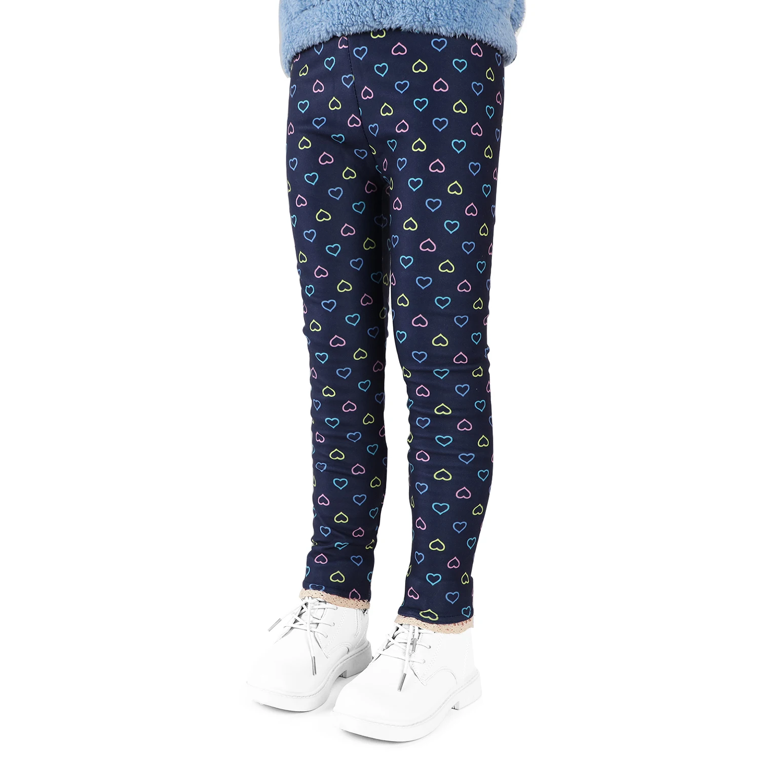 

Girls Plush Skinny Pants Printing Leggings Thicken Slim Trousers Elastic Velvet Bottoms with Lace Outdoor Warm Tights for Winter