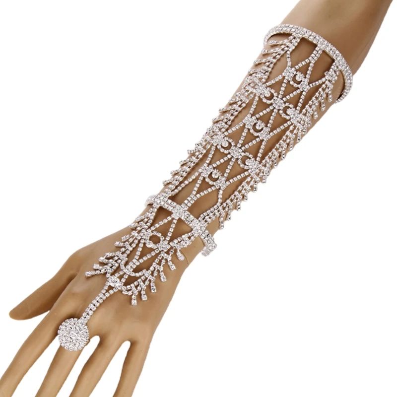 

Rhinestone Arm Cuff Armlet Bracelet and Ring Wedding Bride Leaves Fringe Jewelry Hand Chain Bangle Belly Dance Accessory