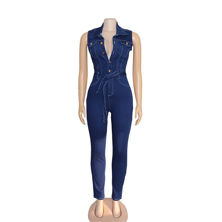 2020 Summer African Jeans Jumpsuits New African Sleeveless Single Breast Sheath High Waist Blue Fashion Work Office Jumpsuit Hot