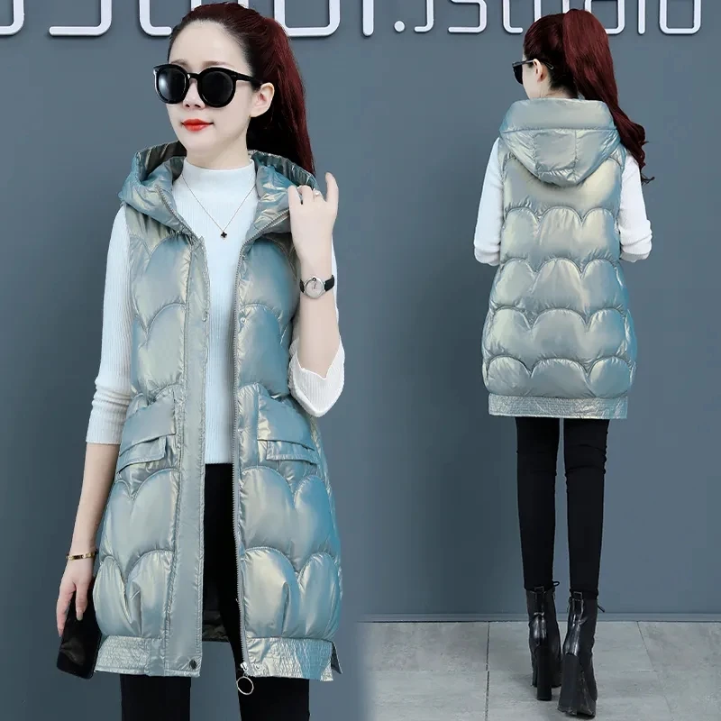 

Glossy Women Cotton Padded Puffer Waistcoat Winter Thick Oversized Wave Cut Hooded Vest Jacket Casual Zipper Sleeveless Parkas
