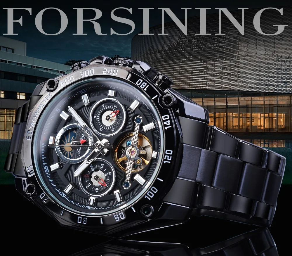 Forsining полностью черные Tourbillon механические часы мужские Moonphase Дата нержавеющая сталь Группа Автоматические наручные часы Erkek Kol Saati