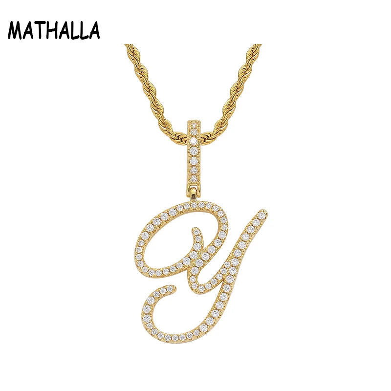 

MATHALLA Swash Letter Pendant Men's Brass Hiphop Gold A-Z 26 English Alphabet Iced Out Zircon Letter Charm Necklace Joyas