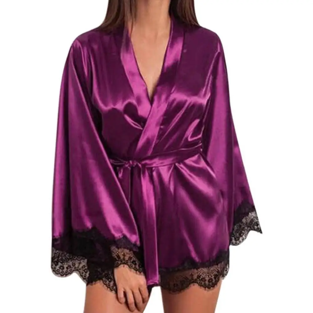 Women Sexy Satin Sleepwear Lace Nightwear Robe Fashion Solid Nightgowns Batas Para Dormir Mujer 2019 New Arrival Hot Sale Y | Женская