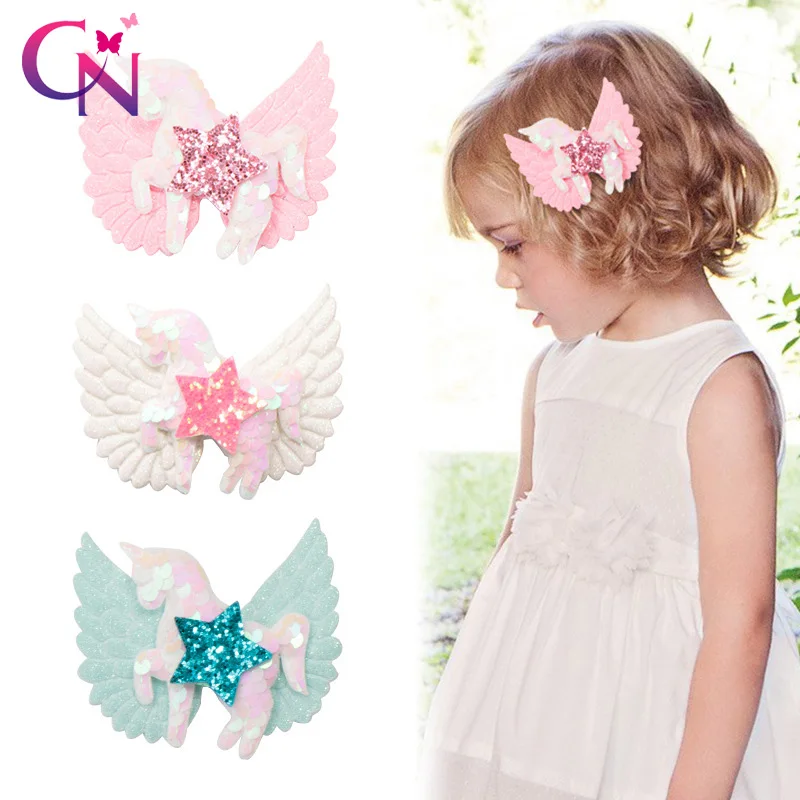 CN блестящие заколки для волос в виде единорога с крыльями девочек детские банты
