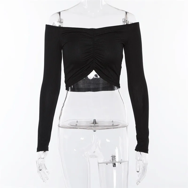 

2021 New Women's Long Sleeve Shoulder Slim Navel Short T-shirt One Generation