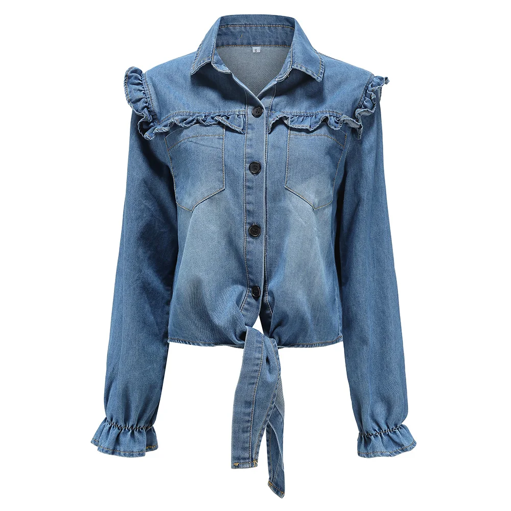 

Autumn Winter Women Denim Shirt Ruffles Turn Down Collor Ladies Top Washed Denim Bow Fashion Women Blouse 2020