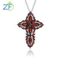 gz zongfa men and women garnet cross rhodium plated red gem pendant s925 sterling silver necklace jewelry