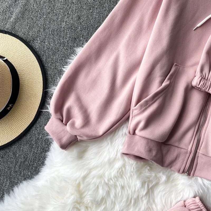 

Fashion Sports Suit Female Autumn Korean Loose Hooded Sweater Zipper Cardigan with High Waist Wide Leg Shorts womenTwo-Piece Set