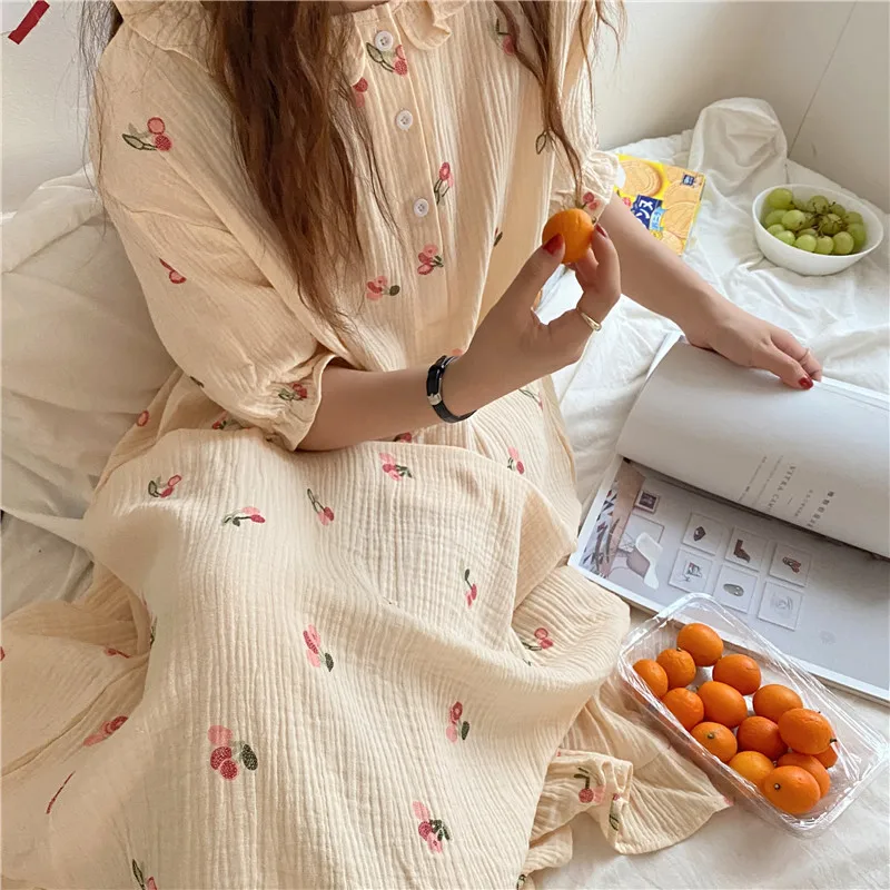 

Summer Cute Cotton Nightgown Peter Pan Collar Short Sleeve Midi Dress Homewear Soft Comfortable Ruffles Sleepwear Nightdress