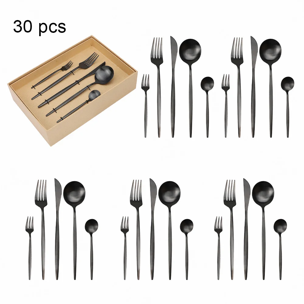 

30Pcs Matte Black Cutlery Flatware Set Wedding Party Gift Box Dishwasher Safe Tea Fork Spoons Knives Dinnerware Tableware Set