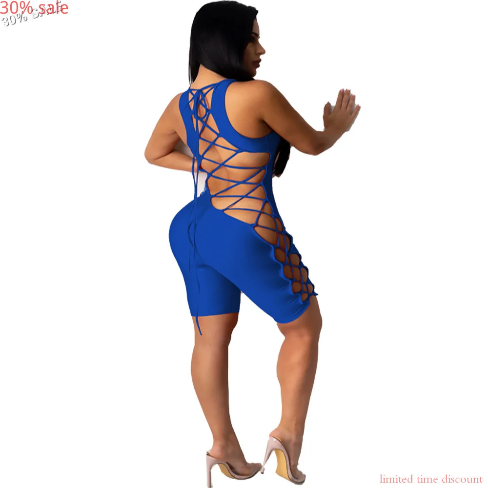 Синий бандажный открытый комбинезон с открытой спиной сексуальные женские шорты