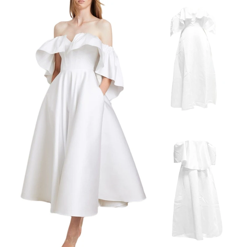 

Women's Dress Strapless Butterfly Sleeve Slim Ankle-Length Split Bodycon Mermaid Evening Cocktail Long Dress White