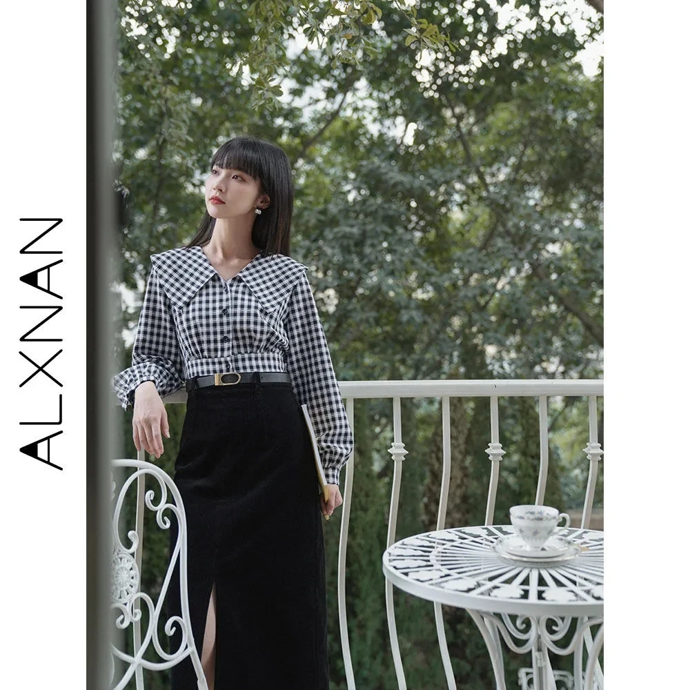 

Женский осенний костюм из рубашки и юбки в английском стиле, комплект из 2 предметов, милая клетчатая женская блузка с круглым воротником и ш...