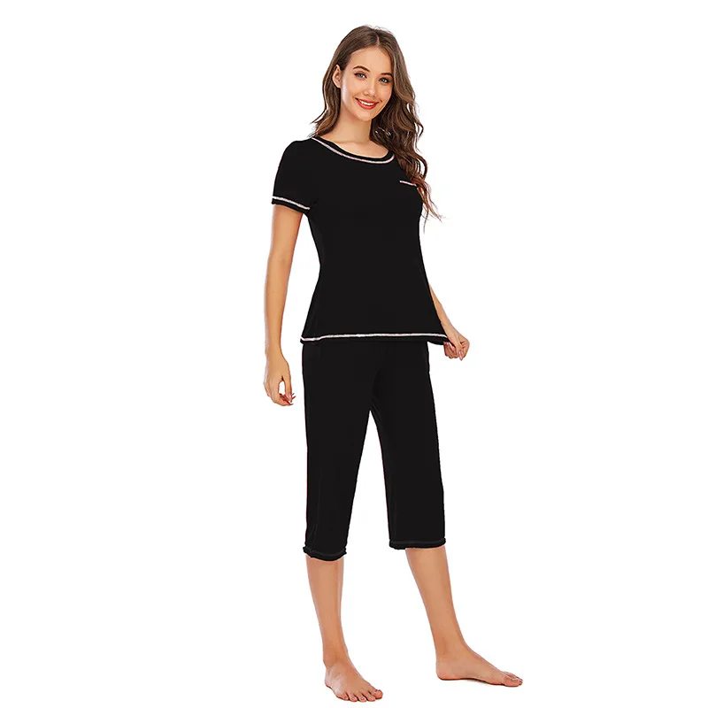 Spring Autumn Solid Color Short Sleeve Capris Suit Women's Pajamas Sets Trend Home Wear Modal Nightwear Women's Sleepwear