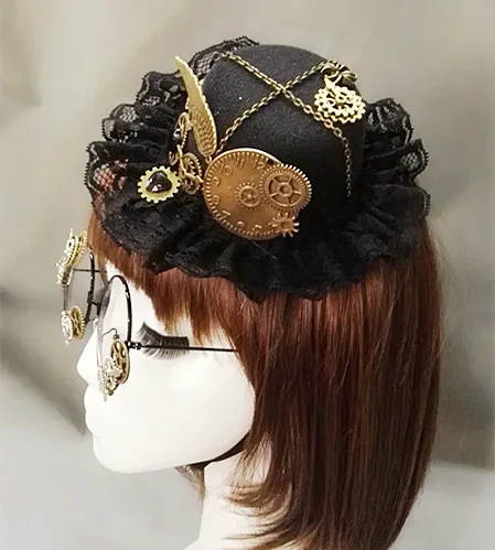 

Fashion Steampunk Women Lolita Headwear Lace Gear Chain Fascinator Hat Black Hollween Party Mini Top Hat Cosplay Headdres