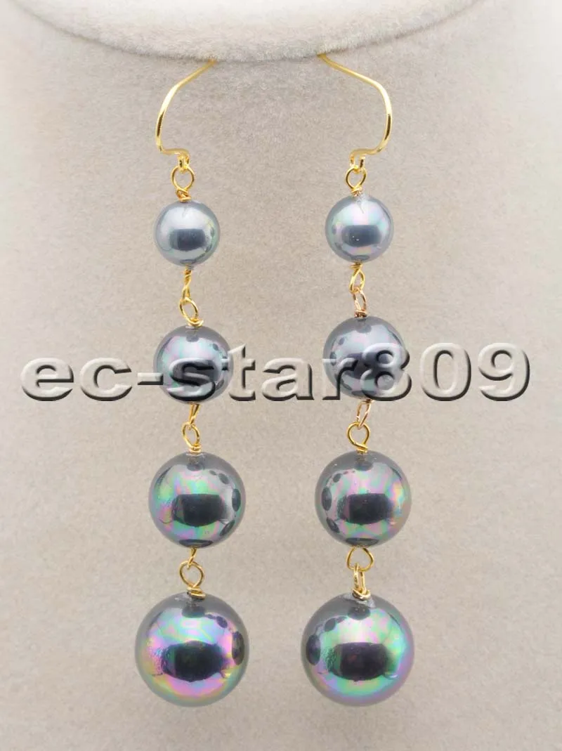 

P6359 Handwork Peacock-Black Round SOUTH SEA SHELL PEARL Tower Dangle Earring