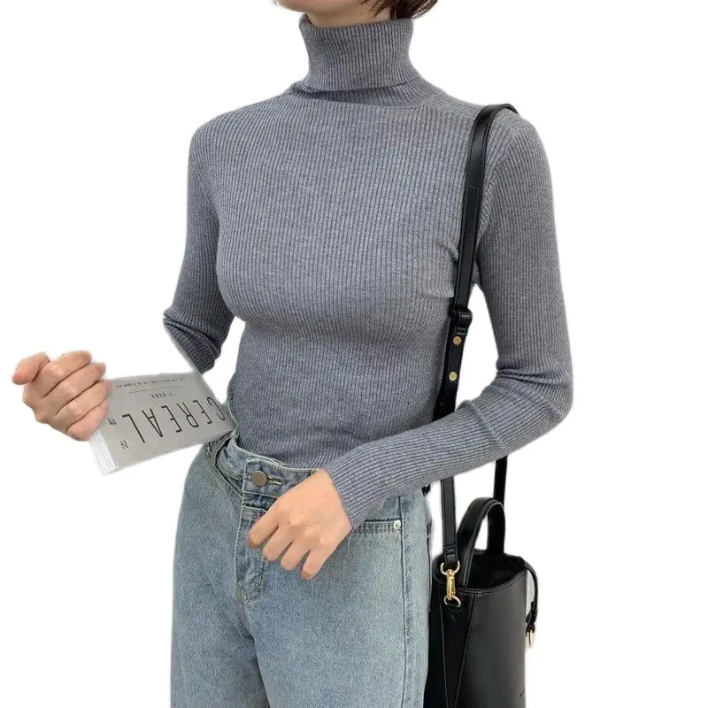 

2021 Autumn Winter Knitted Turtleneck Sweater Women Casual Soft Jumper Femme Striped Stretchable Pullover Girls Tops b670