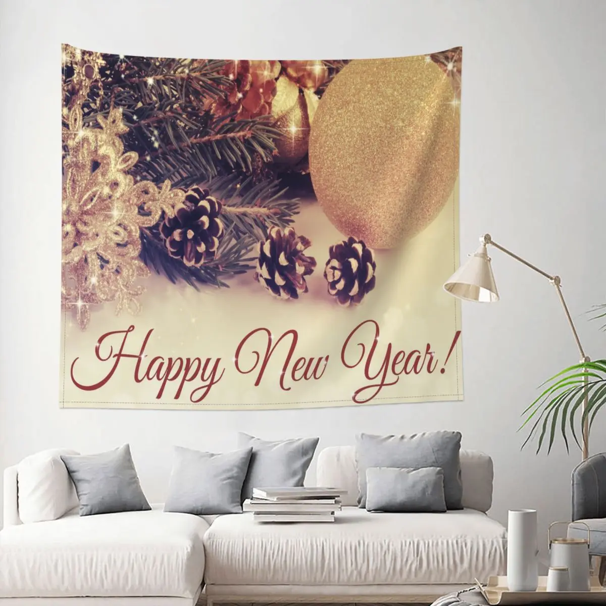 

Happy New Year Tapestry Christmas New Year Decoration Wall Room Home Decor Hanging Living room Kawaii Cartom Style