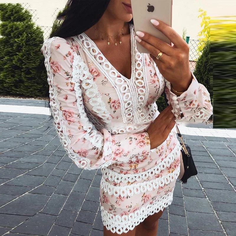 Платье с цветочным принтом и кружевной отделкой элегантное женское осеннее