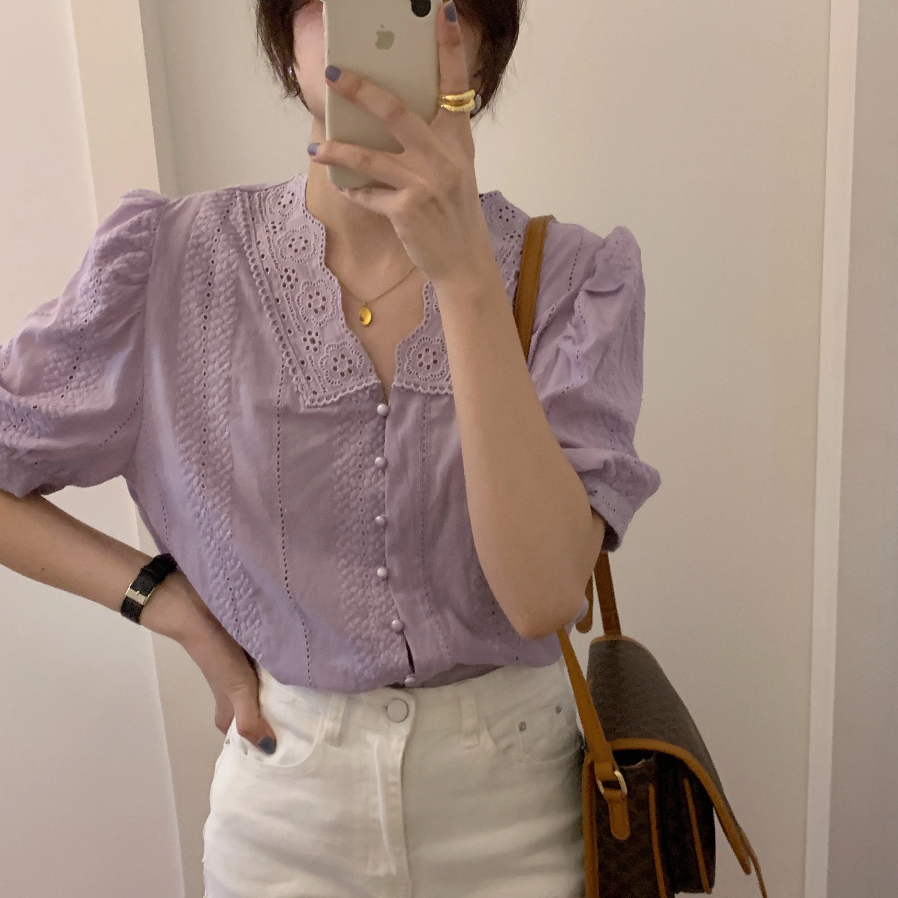 Женская кружевная блузка Alien Kitty элегантная ажурная в Корейском стиле с пышными