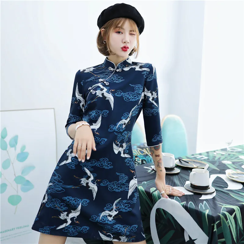 C Темно-синий китайский традиционный стиль Cheongsam элегантное женское платье на пуговицах ручной работы воротник-стойка сексуальное короткое платье Размер S-XXL - Цвет: C