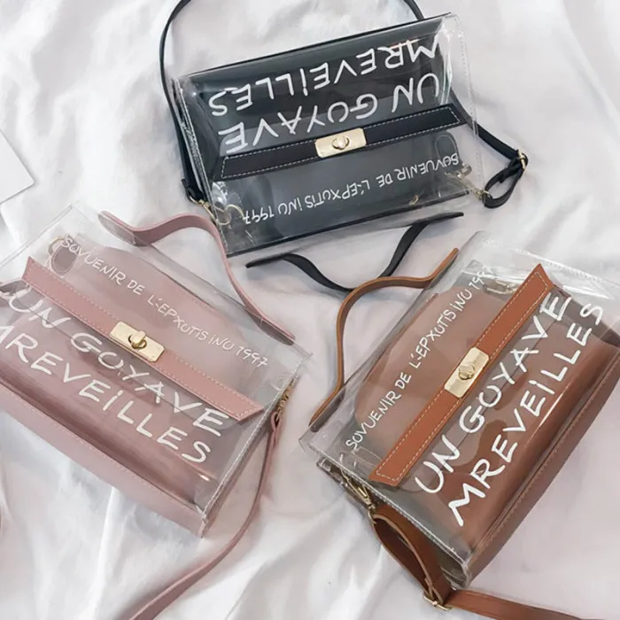 Women Composite Bags PVC Transparent Handbag Letters Printed PU Leather Purse Shoulder Bag-OPK