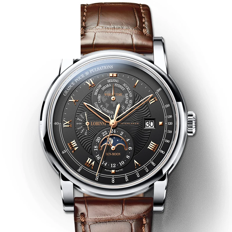 Швейцария LOBINNI мужские часы Moon Phase автоматические механические мужские наручные часы сапфир мировое время relogio masculin L16003-4 - Цвет: 04