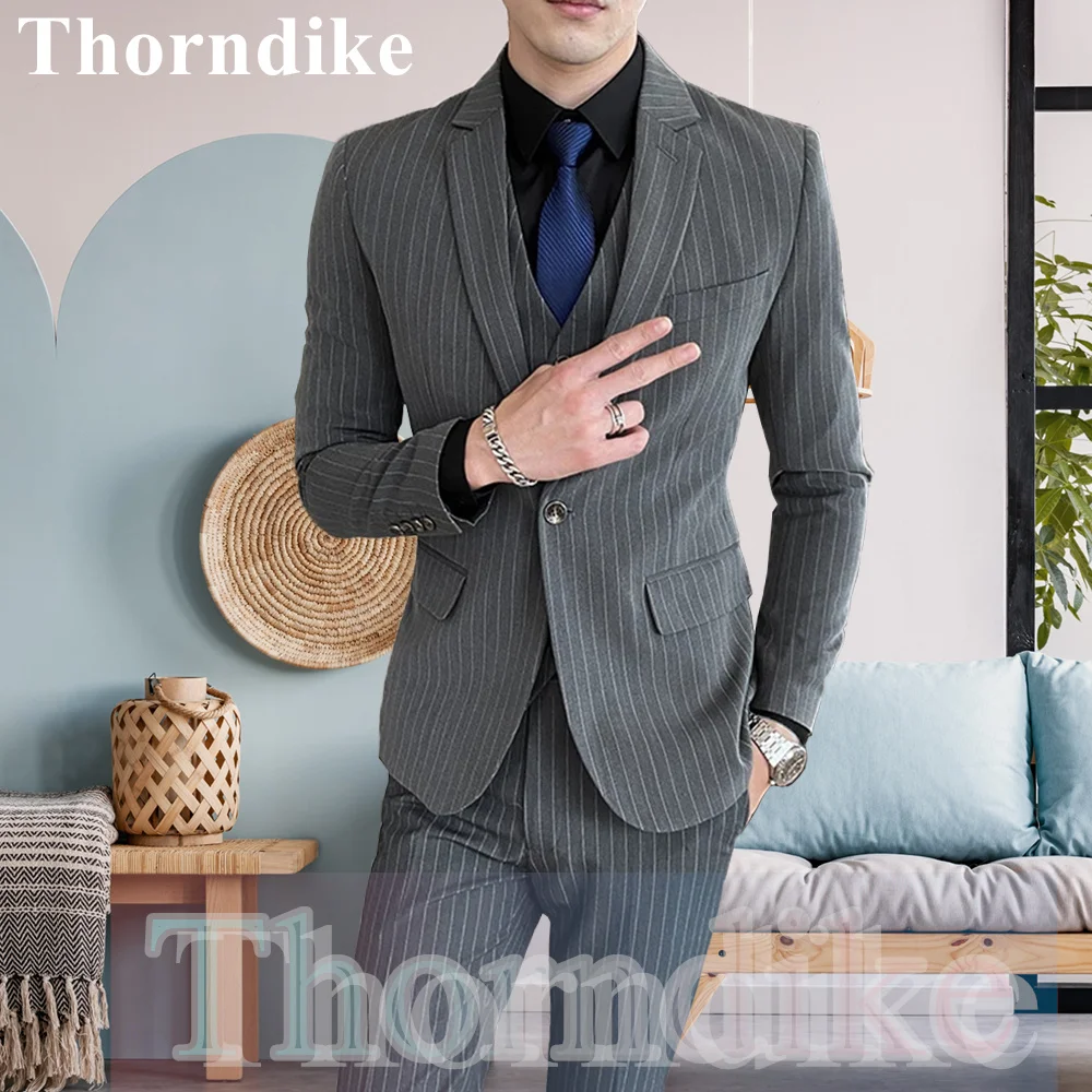 

Thorndike S-5XL (куртка + жилет + брюки) модный бутик полосатый тонкий мужской деловой Повседневный серый костюм комплект из 3 шт. свадебный смокинг для жениха