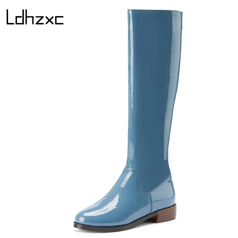 

LDHZXC Women Fashion Solid Genuine Leather Knee High Boots Night Club Shoes Woman Square Heels Female Silm Long Riding Boots