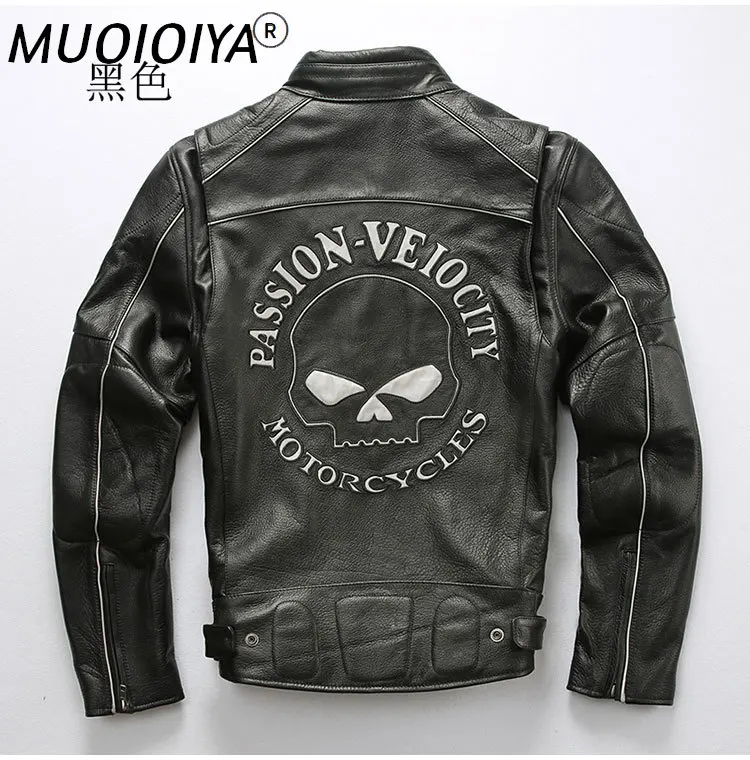 

Мужская Байкерская кожаная куртка, светящаяся куртка из воловьей кожи с черепом сзади, зимняя куртка в русском стиле, 2021