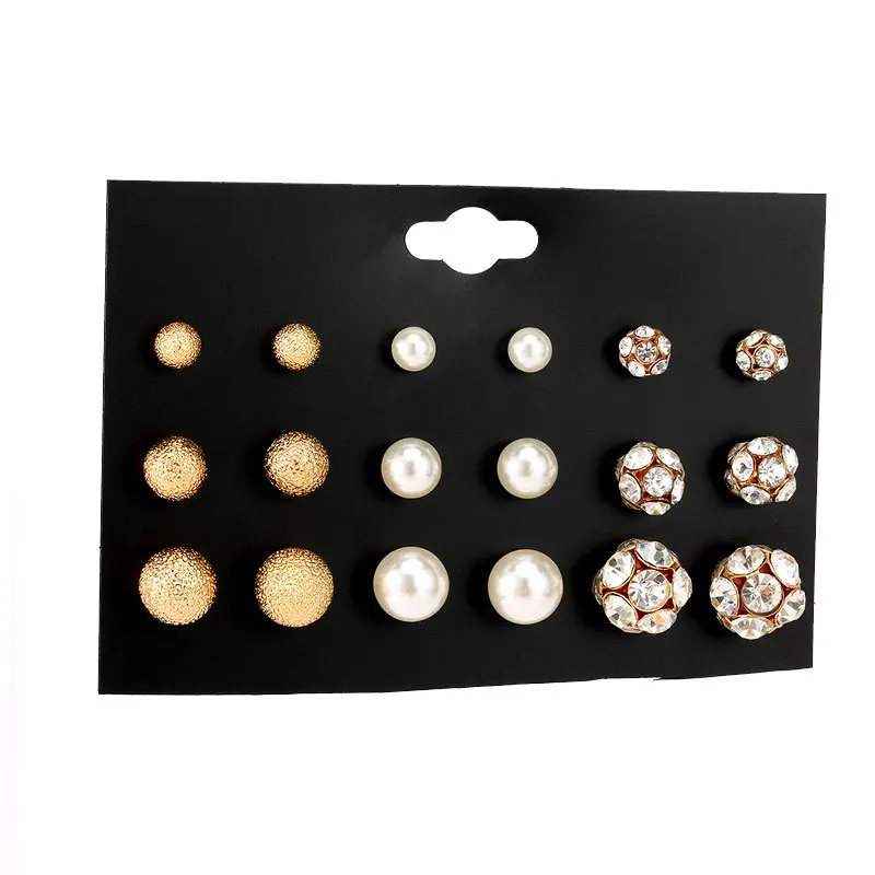 

9Pairs/set Pearl Rhinestone Circle Stud Earrings Set For Women Girls Wedding Party Jewelry Accessories Piercing Earrings