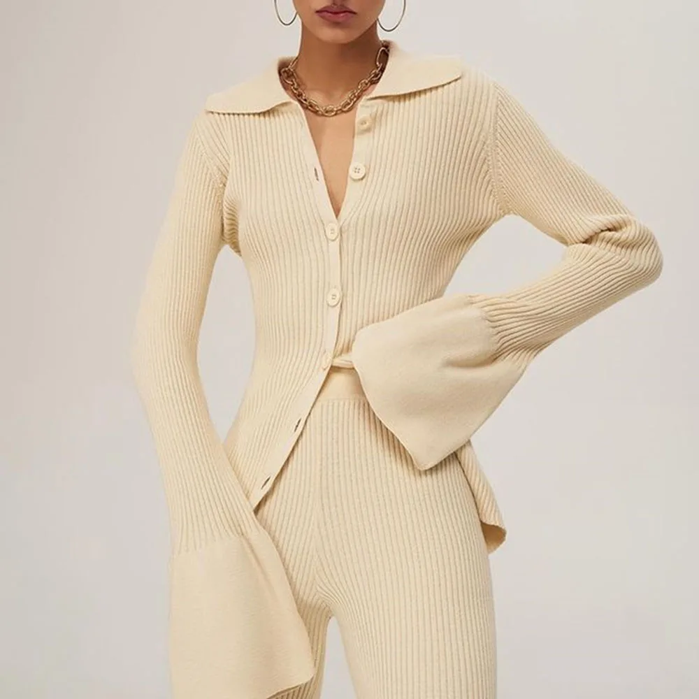 

Autumn New 2021 Fashion Womens Sweater Solid Color Single Breasted Lapel Flared Sleeves Women Knitting Cardigan