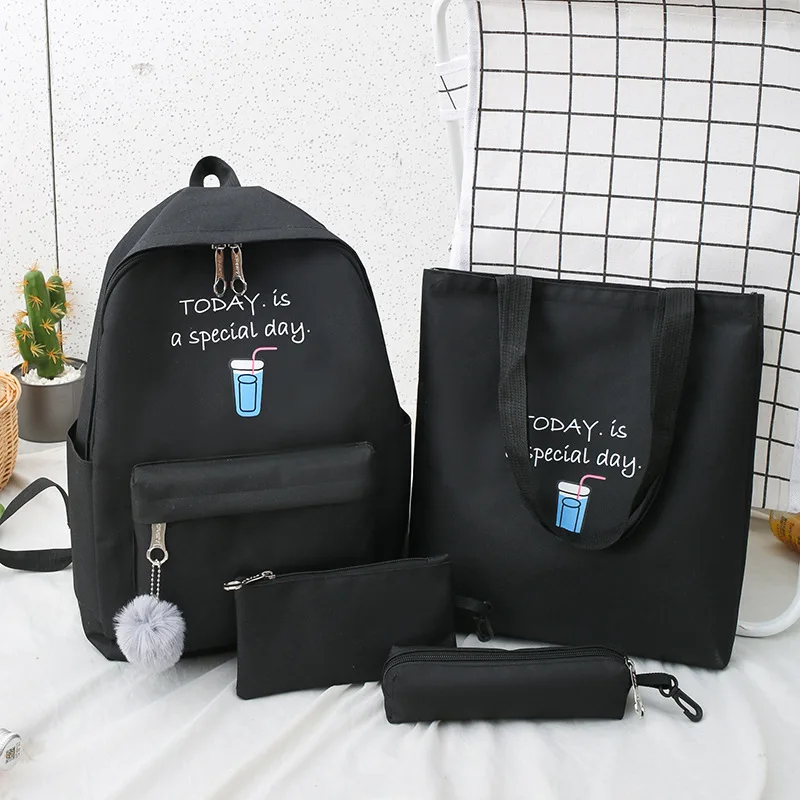 

4pcs/set Women Travel Backpack Canvas Shoulder Bags Letter Cartoon Printing Student School Bag For Girls Mochilas MD0180