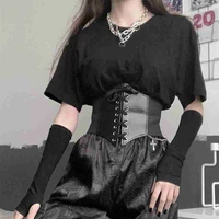 gothic dark lace up female waist corset belt wide pu leather belts women fashion slimming waistband adjustable dress girdle