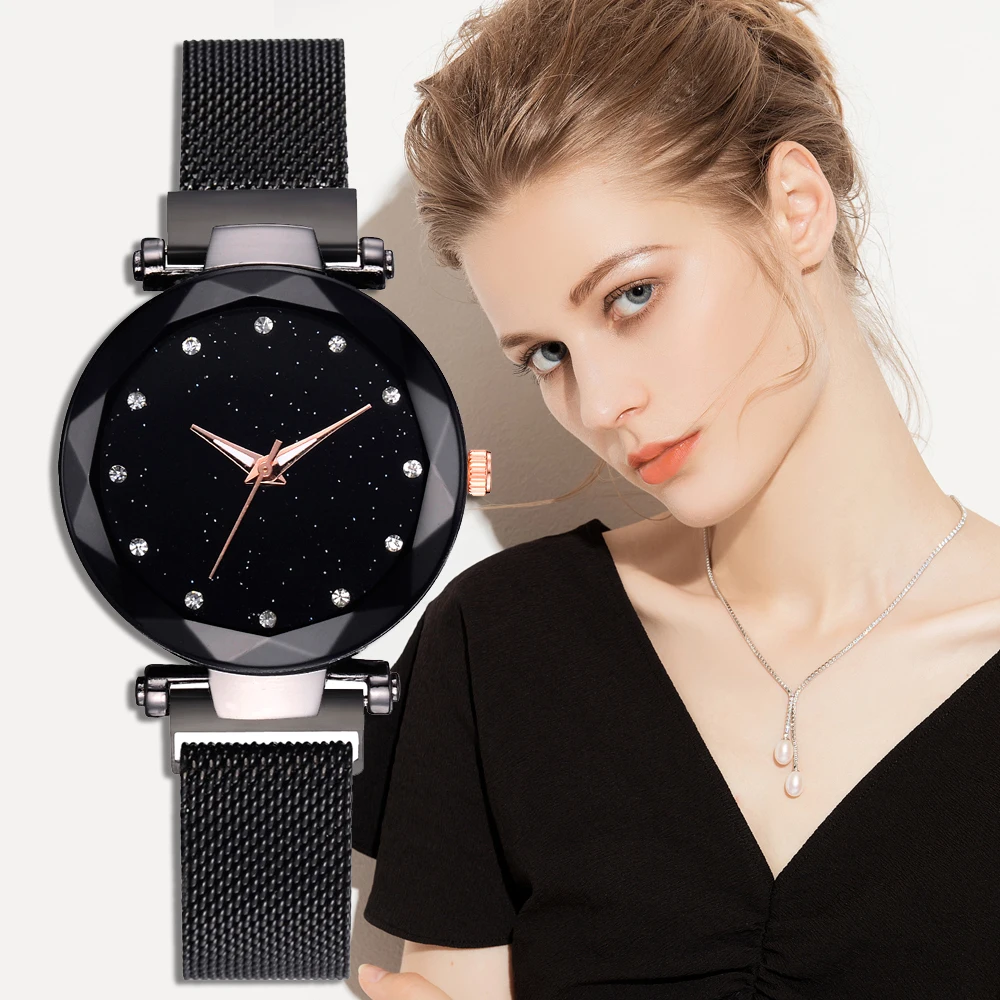 

Luxus Starry Sky Frauen Uhr Schwarz Magnetische Schnalle Mesh Band Edelstahl Strass Quarz Armbanduhr Dame Uhren reloj